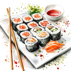 Sushi, playful watercolor vector depicting lively antics and expressive gestures, isolated on a white background. © zenvor
