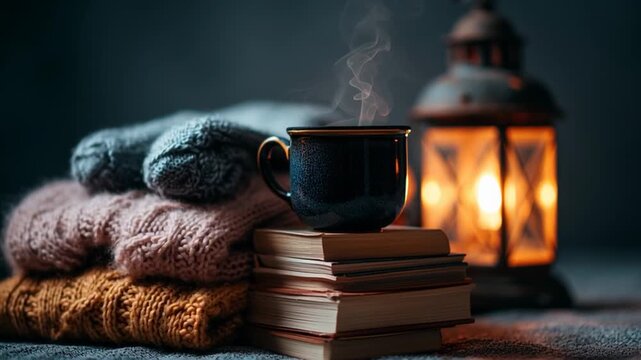 Hygge Steaming Mug with Books and Lantern