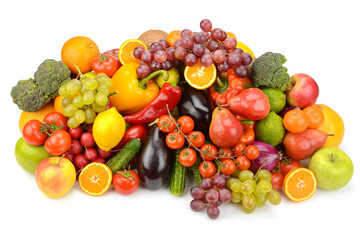 Vibrant Assortment of Fresh Fruits and Vegetables Piled on White Background for Healthy Eating