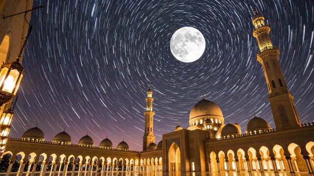 Cinematic 4k night footage of full moon over illuminated mosque with minarets and stars