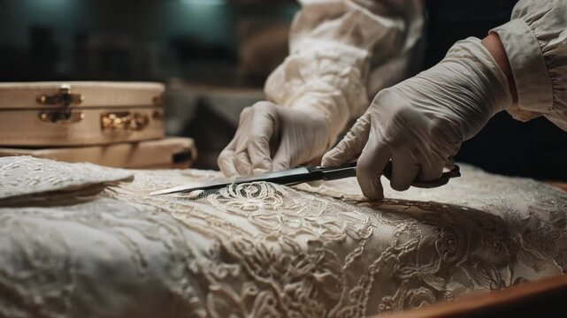 Detailed medium shot capturing the delicate steps of traditional embalming with emphasis on respectful care and the use of professional tools in a controlled environment.