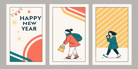 Happy New Year Illustration &ndash; Festive Characters, Shopping Bag & Winter Street Style Art for Seasonal Holiday Marketing