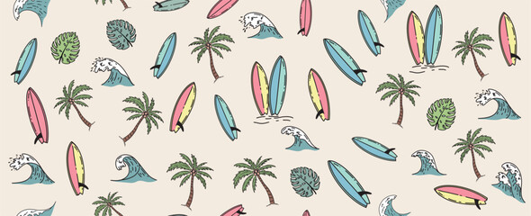 Hello Summer, pattern with surfboard, palm tree and wave, hand drawn illustration.	
