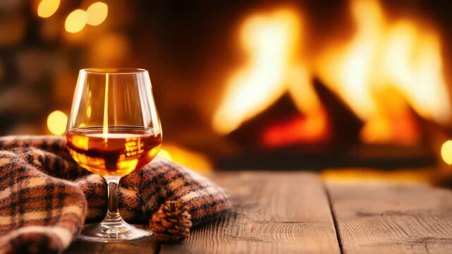 Glass of brandy placed on rustic wooden table beside warm fireplace and cozy blanket, illustrating winter comfort, relaxation, luxury lifestyle, and intimate evening atmosphere