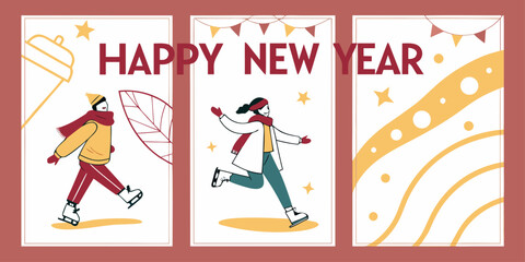 Happy New Year Ice Skating Illustration: Festive Winter Characters, Colorful Holiday Design & Seasonal Celebration Artwork