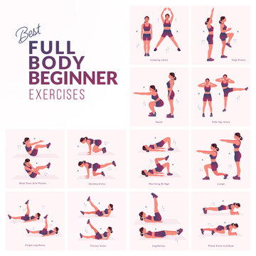 Women workout set. Women doing fitness and yoga exercises. Mountain Climbers, Flutter kicks, Plank To Toe Lift, Plank Rotation, Leg Raises, knee to elbow kickback, In and Out, Lean back hold etc