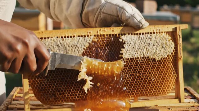 Beekeeper harvests fresh honey from honeycomb frame with knife, golden liquid dripping