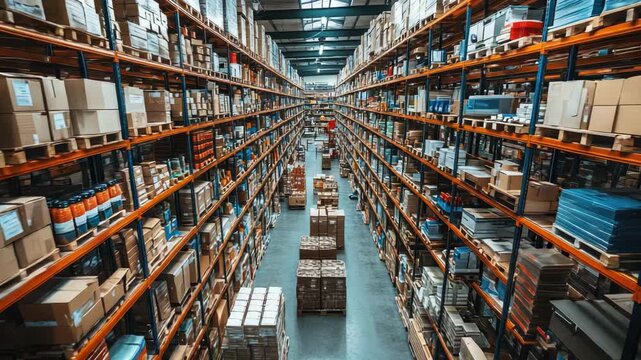 Camera moving through large industrial warehouse aisle with shelves full of cardboard boxes, showcasing logistics, storage, and inventory management for global supply chain