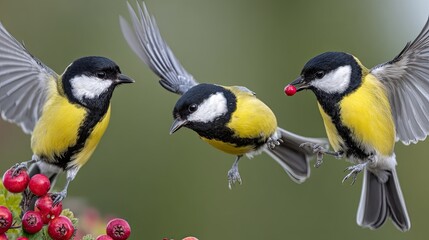 Obraz premium Three yellow and black birds in flight against a blurred green background
