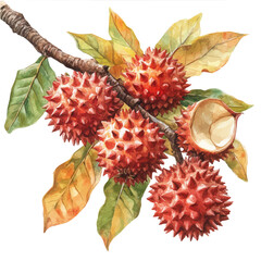 Fototapeta premium Pulasan, playful watercolor vector depicting lively antics and expressive gestures, isolated on a white background.