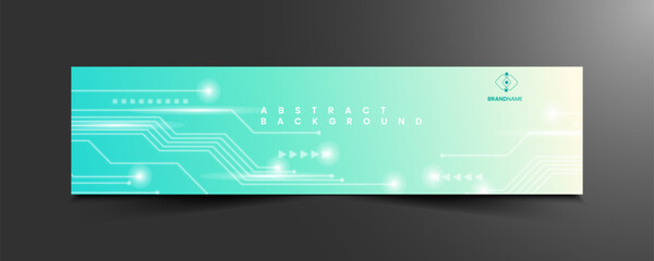 Abstract technology banner design with circuit board patterns and glowing light effects on teal gradient background