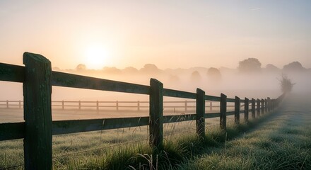 Fototapeta premium Wooden fence in a foggy field at sunrise with frosted grass in the foreground and distant trees shrouded in mist