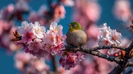 Fototapeta premium Tiny bird perched on flowering branch against blue sky background