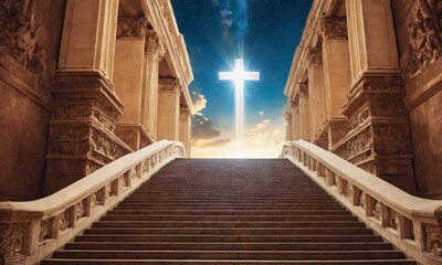 Majestic staircase leading to a glowing cross under a starry sky at dusk