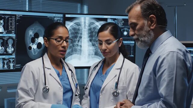 Healthcare professionals collaborating on patient diagnostics, meticulously reviewing advanced medical imaging to formulate precise treatment plans and ensure optimal health outcomes