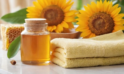 Relaxing spa setup with honey, sunflowers, and soft towels for a soothing experience