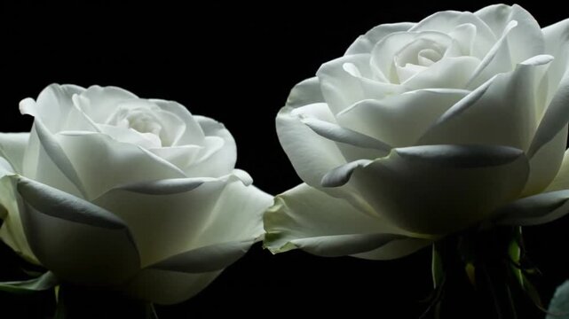 Two white roses in bloom against a dark background.