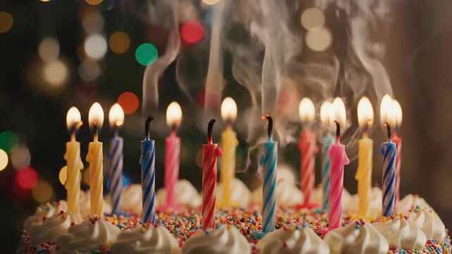 Birthday Cake with Lit Candles and Smoke, Festive Celebration, Close-up