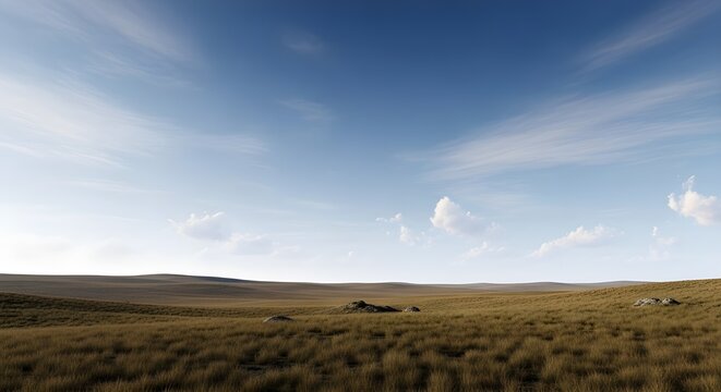 A serene landscape of rolling hills and vast open fields under a blue sky with wispy clouds on a sunny day