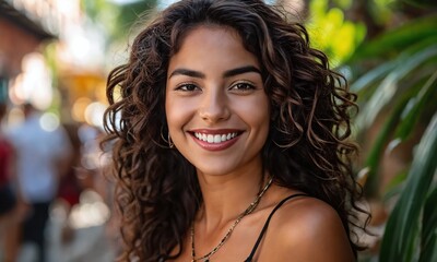 Smiling woman with curly hair enjoying a sunny day in a vibrant outdoor street market