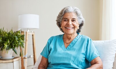 Smiling older woman in medical scrubs sitting comfortably at home in bright and welcoming interior during daytime. Mexican woman