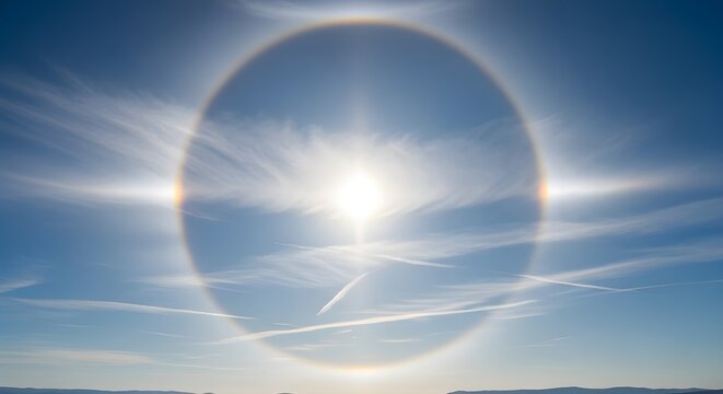 Vibrant sun halo phenomenon with refracted light and atmospheric rings