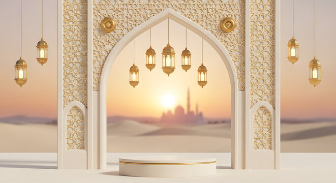A serene view of a mosque's mihrab with intricate designs and a sunset backdrop. isolated on white background