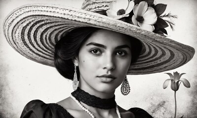Elegant young woman wearing a traditional hat and floral accessories during a cultural celebration in a rustic setting. Mexican woman