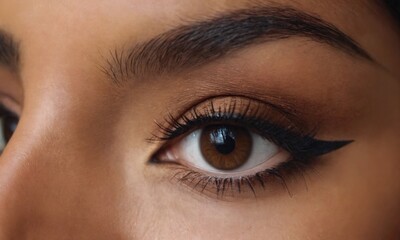 Close-up view of a woman's striking eye featuring defined eyeliner, natural lashes, and rich brown iris in well-lit environment. Mexican woman