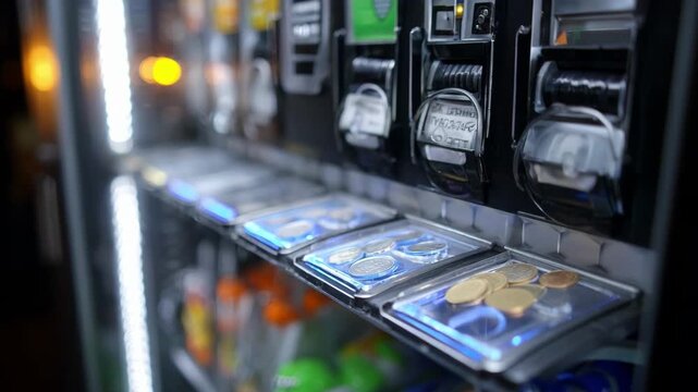 Medium shot of an integrated coin conversion machine embedded into a vending machine highlighting coin and bill slots under soft store lighting