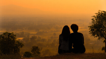 Couple Sitting on Hill at Sunset Viewing City Landscape