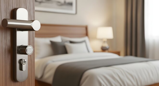 A cozy hotel room with a neatly made bed and a modern door lock