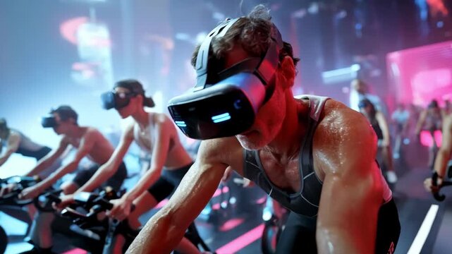 Medium shot capturing a man engaged in an energetic VR fitness routine combining cycling boxing and dance elements in a futuristic setting.