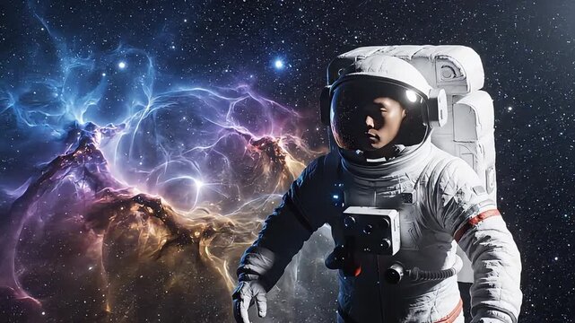 Spectacular astronaut in the vastness of space with colorful nebula broll footage, cinematic view of exploration and discovery