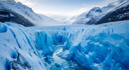 Obraz premium A breathtaking glacial ice wall in a snow capped mountain range with a cloudy sky
