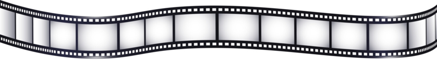 Realistic overlay of a wavy long film strip isolated on white background. Movie film ribbon. Vector illustration