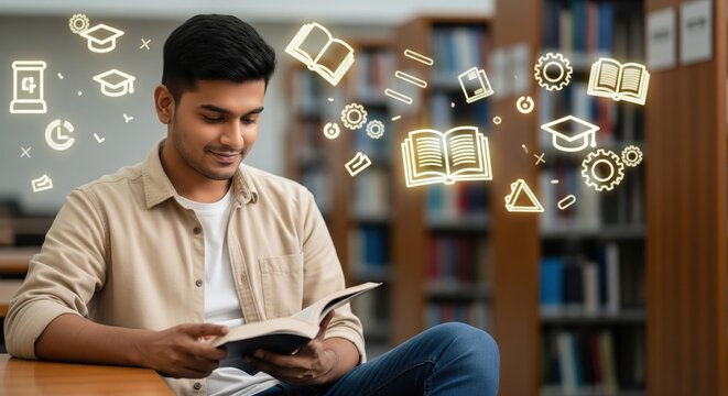 Indian college student smiling after successful study session in library