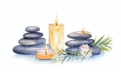 Meditation setup featuring black stones, lit candles, and greenery for a calming ambiance in a wellness space
