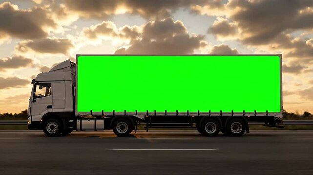 Large green screen billboard on a truck driving on a highway at sunrise with beautiful cloud formations. 4k Green Screen Stock Video