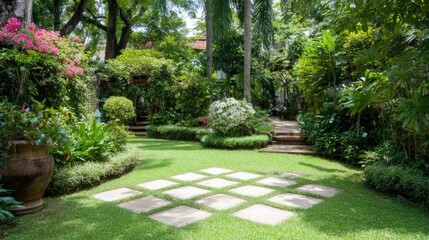 Obraz premium Lush garden scene with green grass flowers and stone pathway