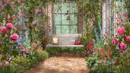 Obraz premium Wooden bench surrounded by colorful flowers with a hummingbird visiting