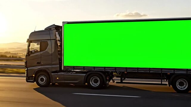 Dark gray semi-trailer truck with green screen trailer on highway during sunrise, motion blur 4k Green Screen Stock Video
