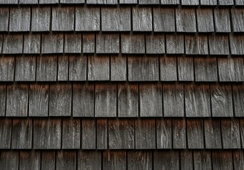 Fototapeta premium Close up abstract texture of old, weathered cedar shakes siding showing deep grain and silver patina suitable for background use, wood, worn, shingle