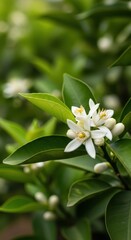 Fototapeta premium Fragrant white orange blossoms clustered on a branch against lush green foliage in an orchard setting signaling spring growth and future citrus fruit production, delicate, flourishing, vibrant