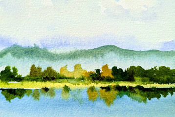 Watercolor landscape with a lake, trees and mountains in the background. © Евгений Лютиков