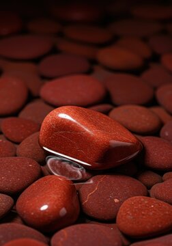 Smooth, polished red jaspilite stones shine brightly submerged in a clear, shallow stream, highlighting their vibrant natural color, geology, liquid, glistening
