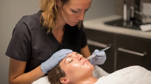 Professional esthetician applies dermaplaning focusing on brightening dull skin revealing radiant glowing complexion through expert blade use.