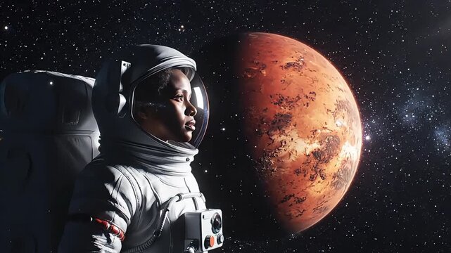 Inspiring astronaut looking into deep space with Mars in the background, cinematic footage, slow motion b-roll shot