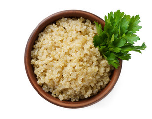 Cooked Quinoa in Brown Rustic Ceramic Bowl Isolated on White Background, Top View