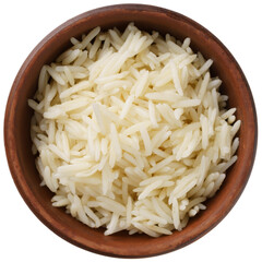 Cooked White Rice in Brown Rustic Ceramic Bowl Isolated on White Background, Top View